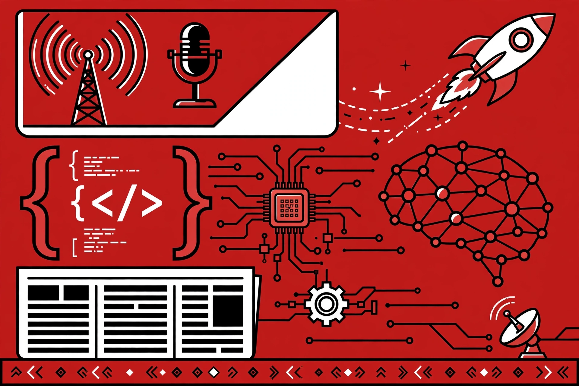 AI developer news roundup for October 13, 2026 — broadcast, code and circuit motifs in crimson red, black and white
