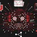 AI developer news weekly roundup: robot head with circuit-board details surrounded by news, code and chart icons in crimson red, black and white
