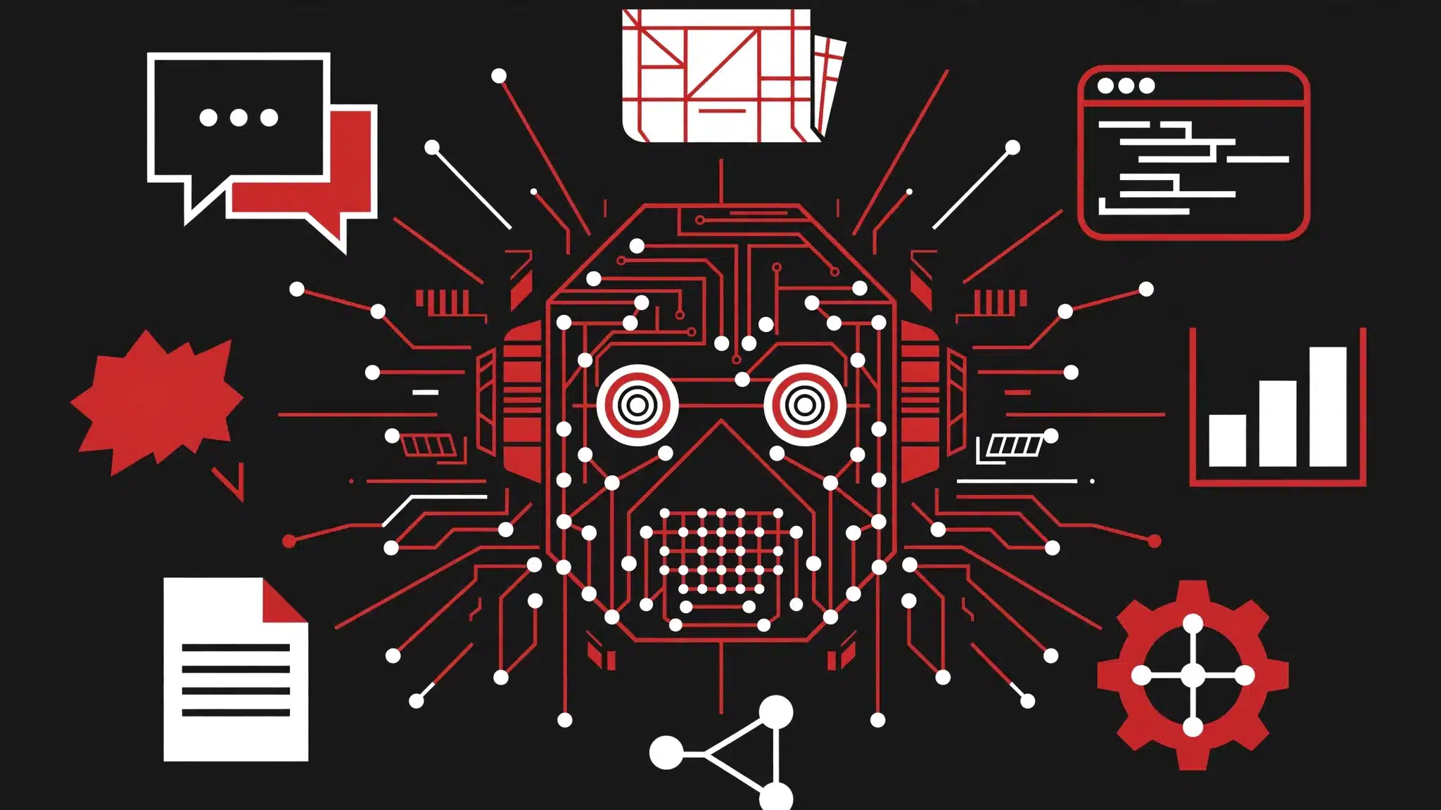 AI developer news weekly roundup: robot head with circuit-board details surrounded by news, code and chart icons in crimson red, black and white