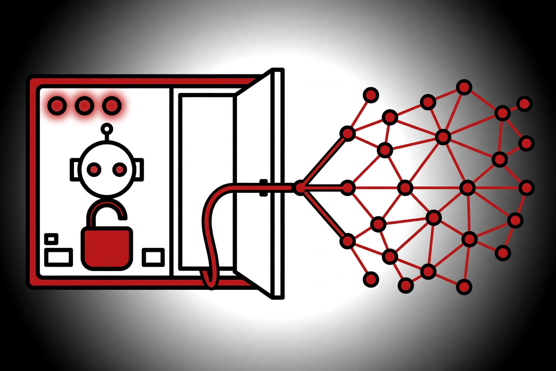 Archon security vulnerability: AI agent control dashboard with unlocked padlock connected to network nodes