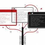 Illustration of three code editor windows branching like a git tree — running multiple AI coding agents in parallel with git worktrees