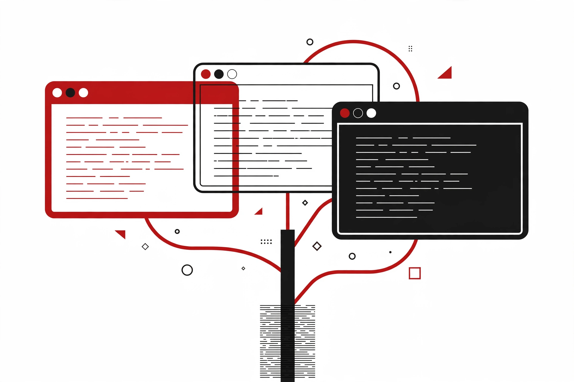 Illustration of three code editor windows branching like a git tree — running multiple AI coding agents in parallel with git worktrees