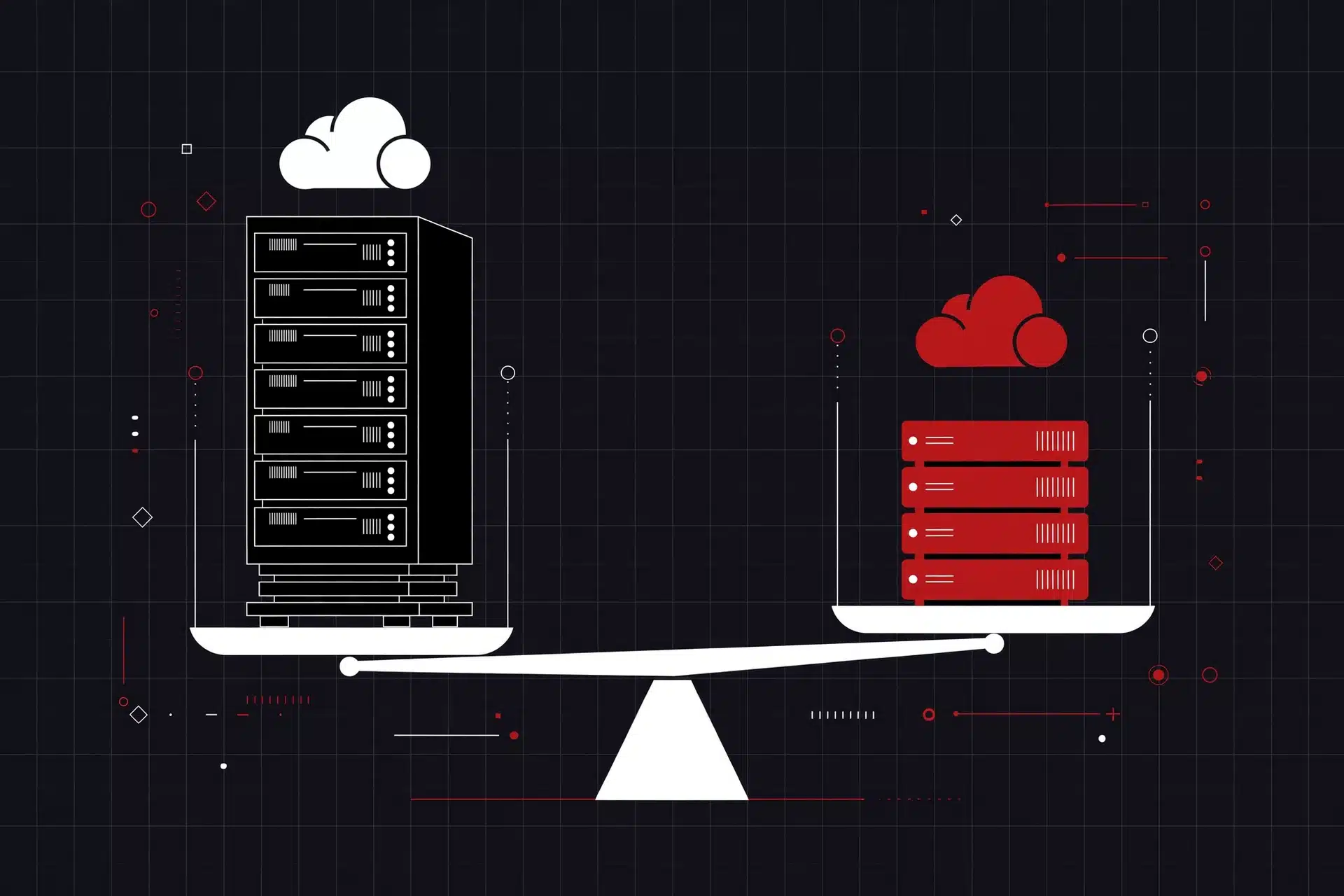AWS vs Hetzner cost comparison: two cloud server stacks on a balance scale