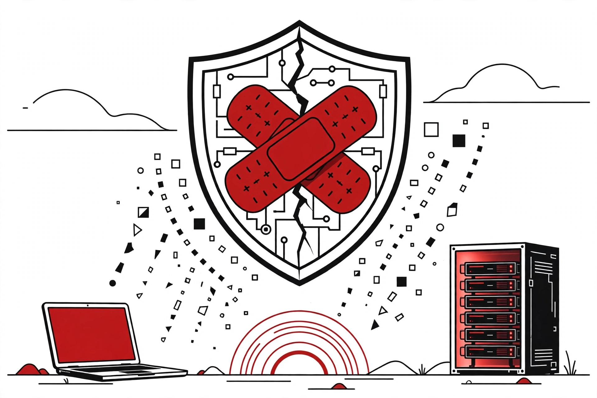 PHP2Shell exploit aftermath: a cracked server shield being patched with red bandages — PHP2Shell one-week-on guide for WordPress and VPS owners