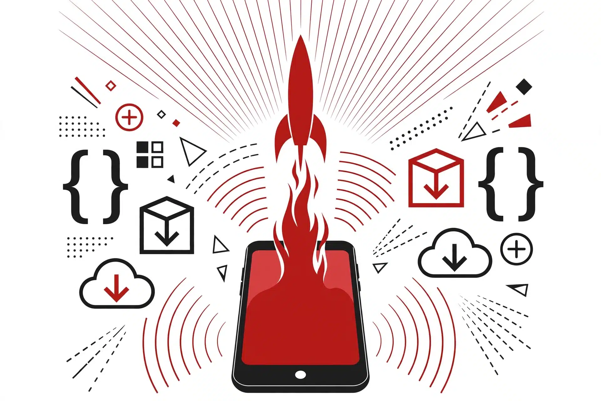Flat vector illustration of a Next.js PWA launching from a smartphone