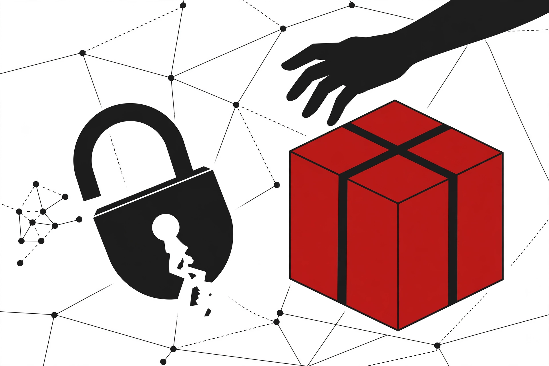 npm SlugFest supply-chain takeover flaw: a hand reaching for a package box beside a broken lock