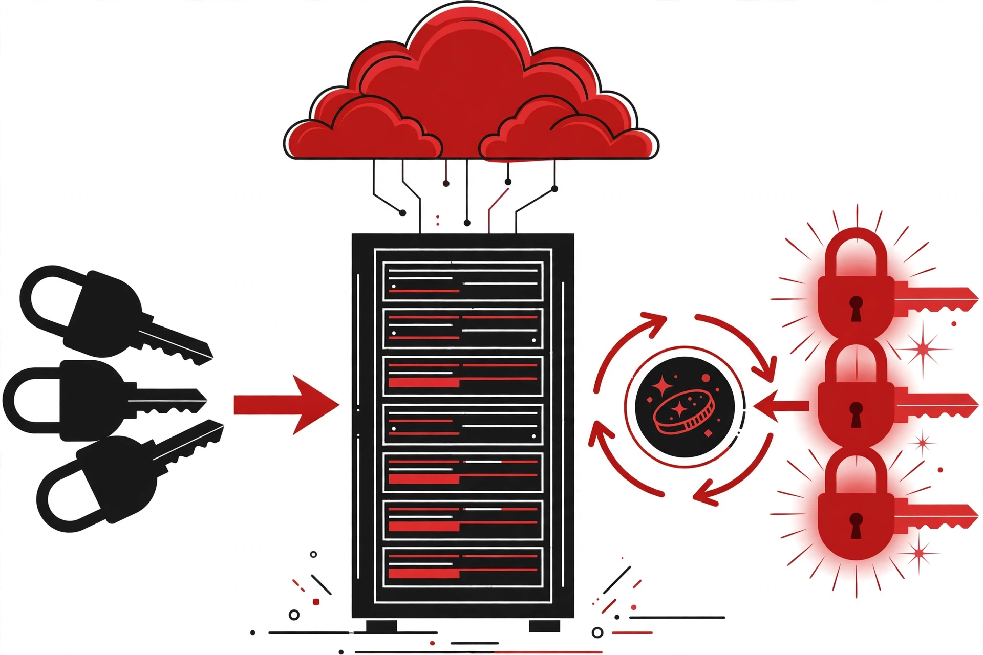 Railway security breach: rotation runbook illustration of a server rotating secrets