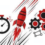 Speed up WordPress without plugins — flat vector illustration of a rocket, stopwatch and gears