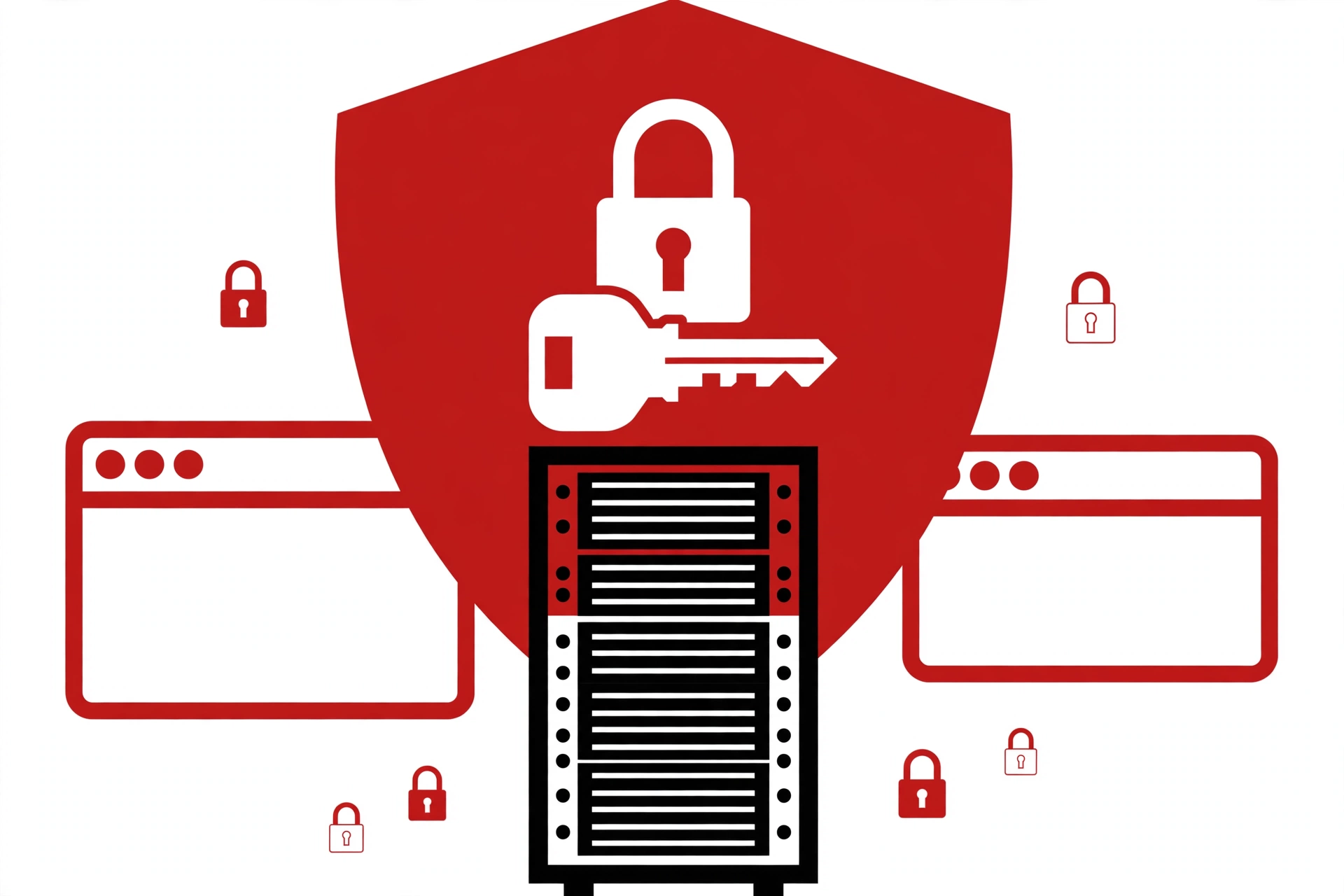SSH hardening: locked-down server with key and shield illustration